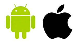 Green Android logo next to a black Apple logo