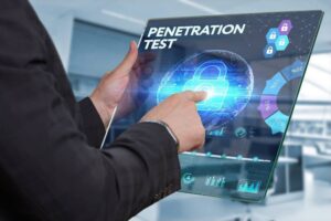 Person in a suit pressing a padlock on a transparent glass pad that says penetration test