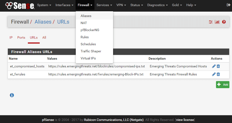 pfSense firewall drop down menu