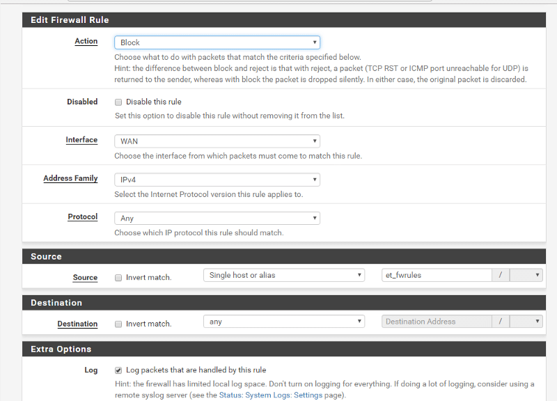 pfSense firewall rule setup screen