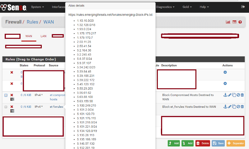 pfSense dynamic firewall list showing IP address on hover mouse over