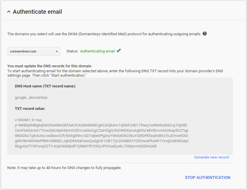 DKIM configuration within G Suite showing the TXT record and authenticating email